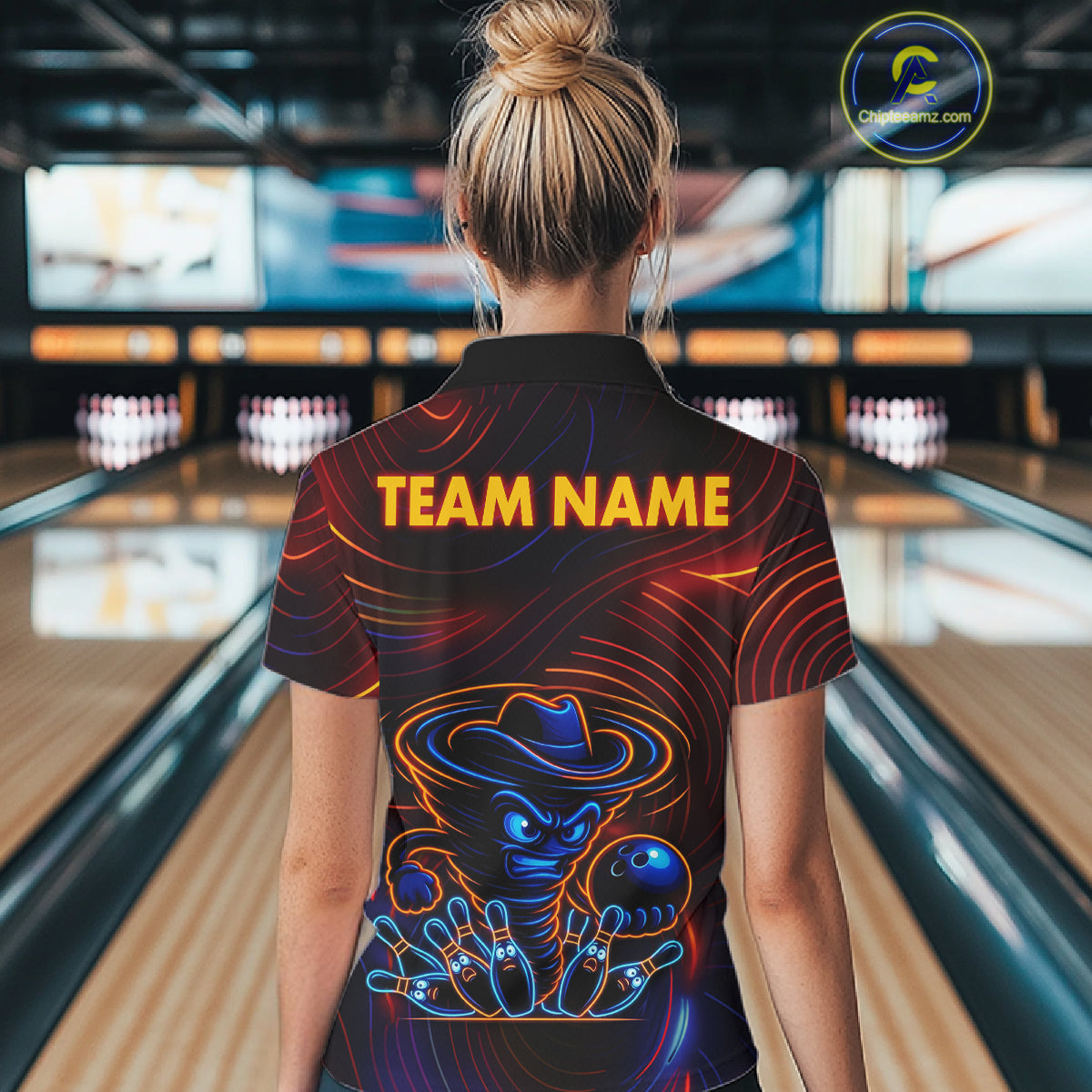 Funny Neon Tornado Pin Bowling Shirt For Women Custom Bowling Team Jersey Polo & 1/4 Zip TDM6148