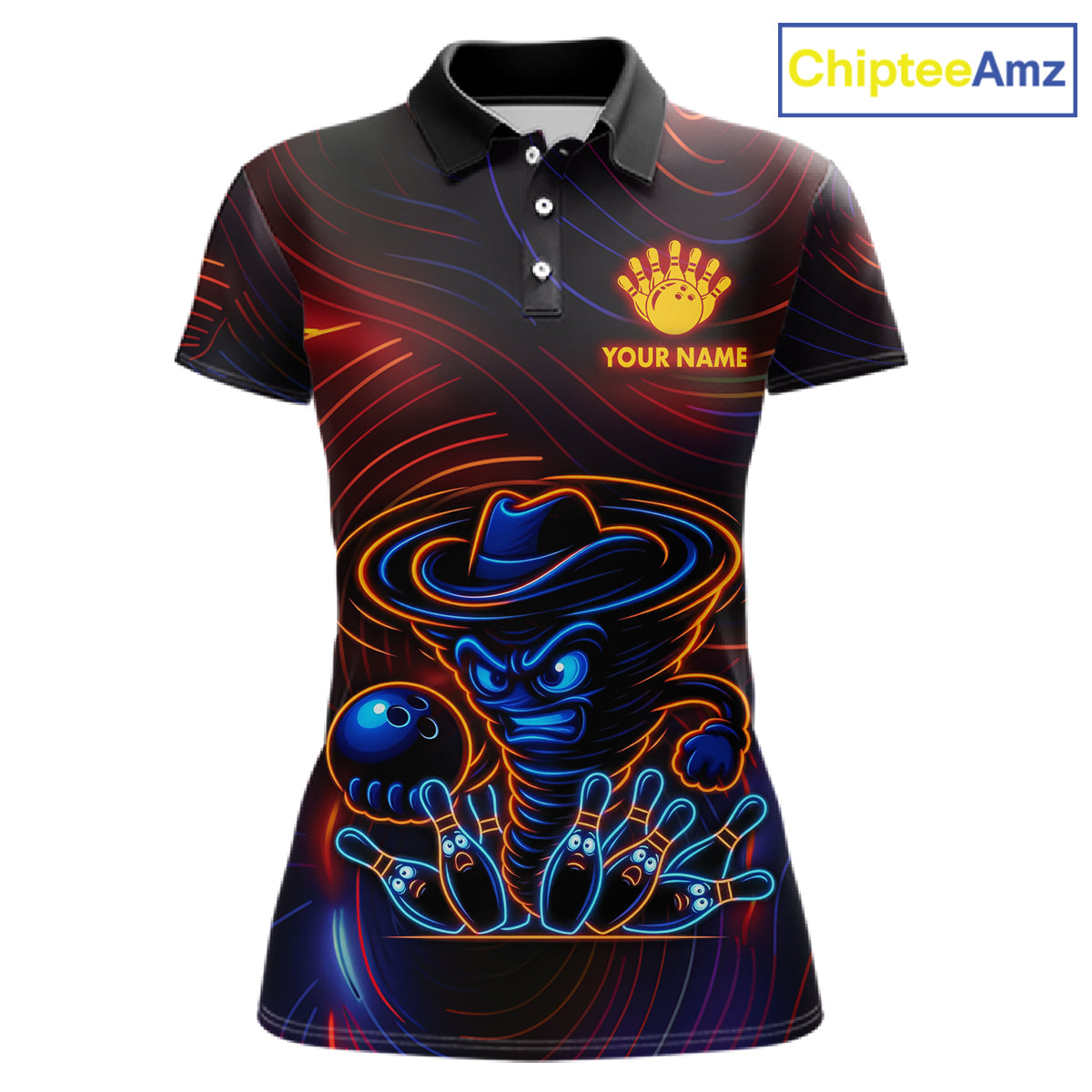 Funny Neon Tornado Pin Bowling Shirt For Women Custom Bowling Team Jersey Polo & 1/4 Zip TDM6148
