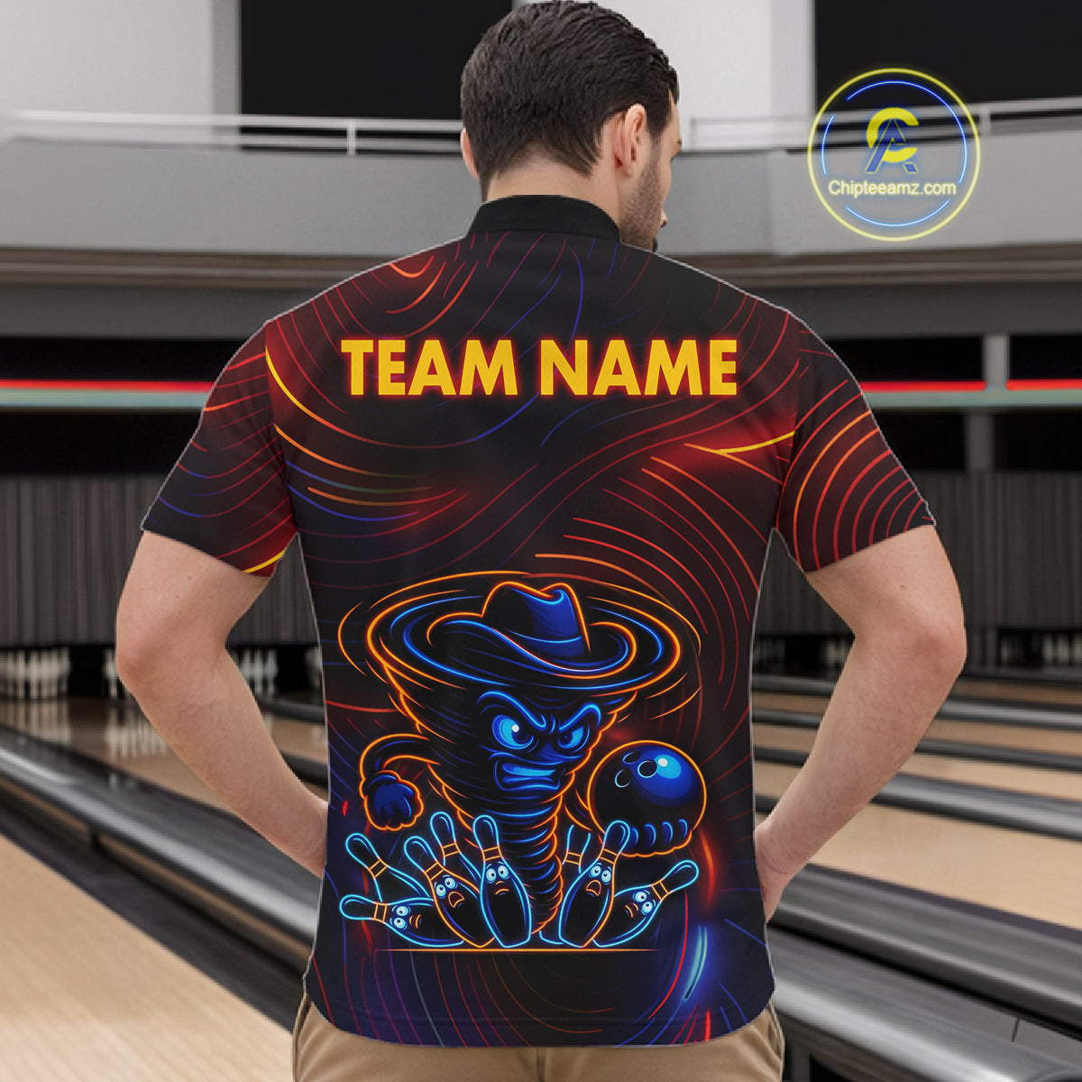Funny Neon Tornado Pin Bowling Shirt For Men Custom Bowling Team Jersey Polo & 1/4 Zip TDM6148