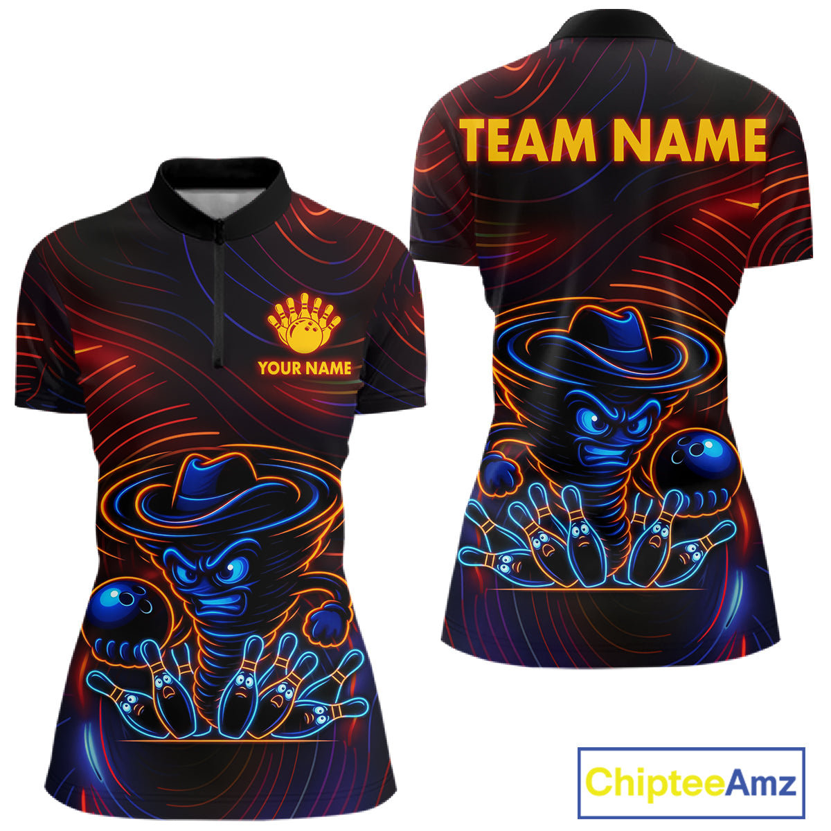 Funny Neon Tornado Pin Bowling Shirt For Women Custom Bowling Team Jersey Polo & 1/4 Zip TDM6148