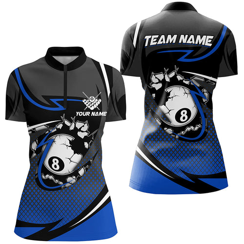 Funny 8 Ball Pool Blue Billiard Jerseys Women Quarter-Zip Shirts Team League Billiard Shirts TDM1502
