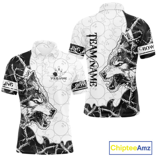 White Black Thorny Camo Wolf Bowling Shirt For Men Custom Bowling Team Jersey Polo & 1/4 Zip TDM6390