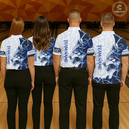 Personalized Blue Thorny Camo Wolf Bowling Shirt For Women Custom Bowling Team Jersey Polo & 1/4 Zip TDM6391