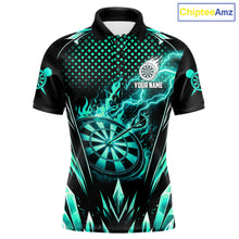 Load image into Gallery viewer, Customized Turquoise Flame Lightning Icy Darts Shirt For Men, Darts Team Jersey Polo &amp; Quarter Zip TDM6579