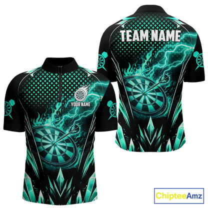 Customized Turquoise Flame Lightning Icy Darts Shirt For Men, Darts Team Jersey Polo & Quarter Zip TDM6579