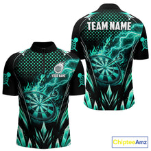 Load image into Gallery viewer, Customized Turquoise Flame Lightning Icy Darts Shirt For Men, Darts Team Jersey Polo &amp; Quarter Zip TDM6579