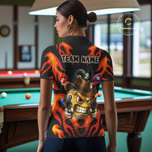 Load image into Gallery viewer, Back view of woman wearing a red flame 9 ball pool shirt in a billiards hall.