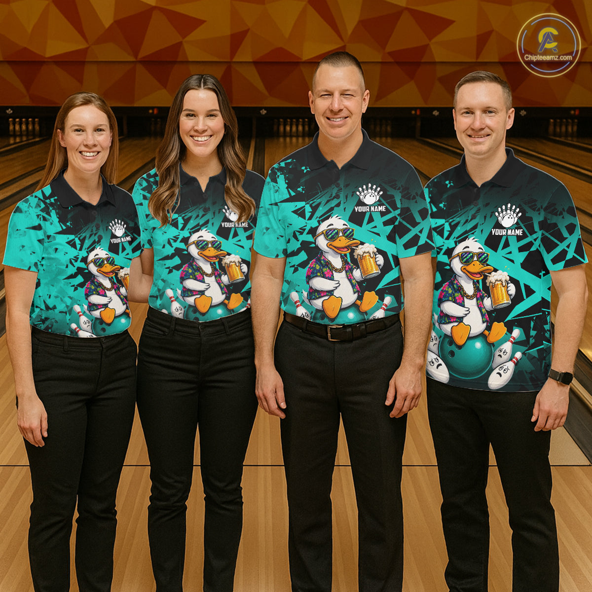 Bowling team wearing matching personalized turquoise funny duck beer bowling team jerseys, front view.