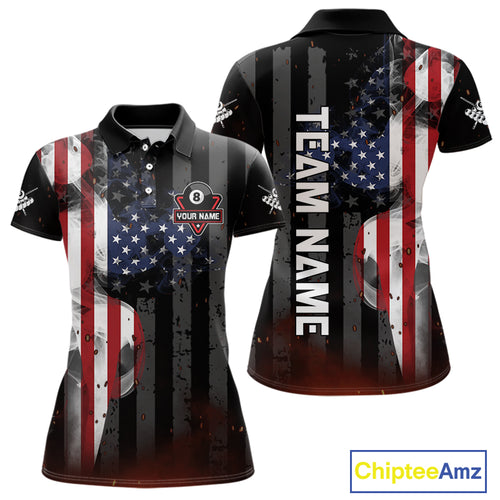 Personalized American Flag 8 Ball Billiard Shirt For Women, Patriotic Pool Team Jersey Polo, 1/4 Zip TDM4844