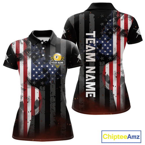 Personalized Vintage Smoke US Flag Billiard Shirts For Women, 9 Ball Pool Patriotic Billiard Jersey TDM4845