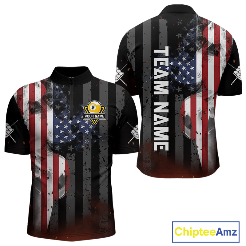 Personalized Vintage Smoke US Flag Billiard Shirts For Men, 9 Ball Pool Patriotic Billiard Jersey TDM4845