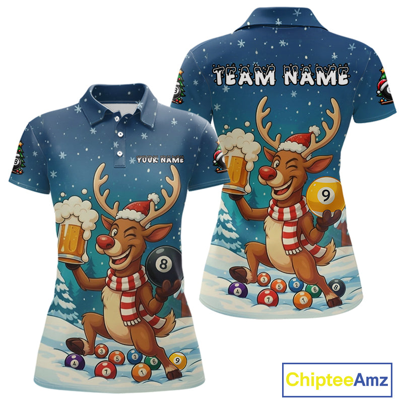 Funny Christmas Reindeer Beer Billiard Shirt For Women Custom 8 & 9 Ball Xmas Pool Team Jersey TDM5061