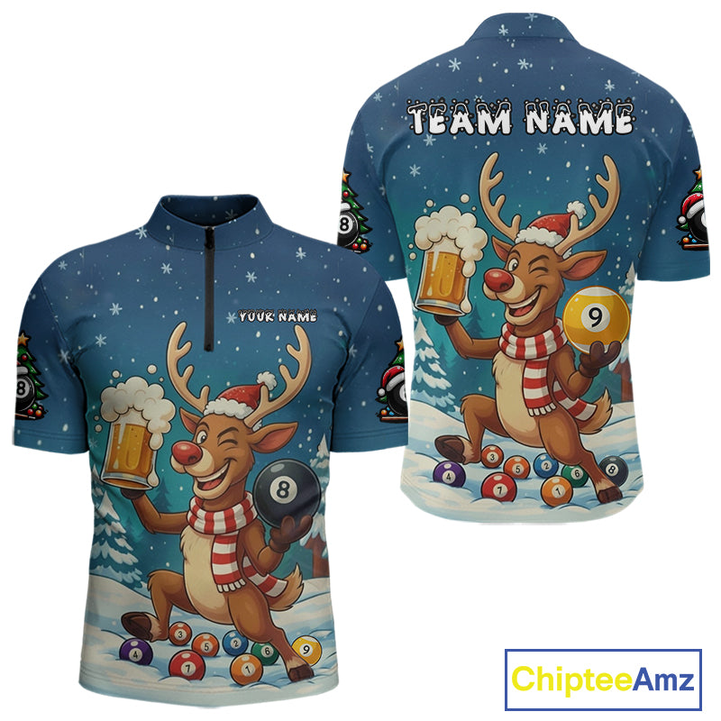 Funny Christmas Reindeer Beer Billiard Shirt For Men Custom 8 & 9 Ball Xmas Pool Team Jersey TDM5061