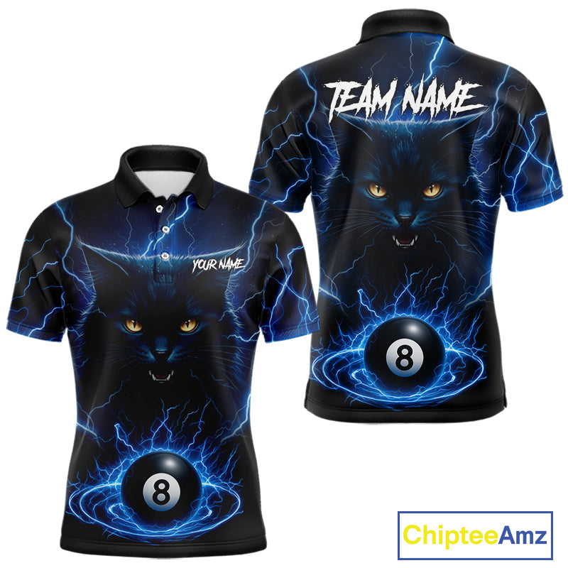 Blue 8 Ball Thunder Lightning Cat Billiard Shirt For Men Custom Pool Team Jersey Polo & 1/4 Zip TDM5065