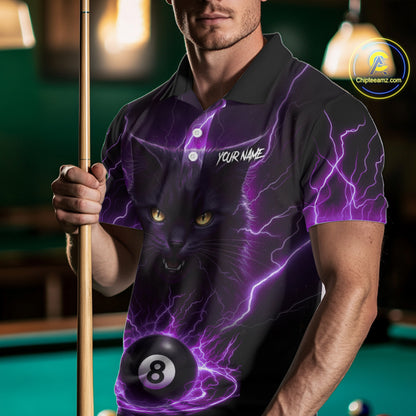 Purple 8 Ball Thunder Lightning Cat Billiard Shirt For Men Custom Pool Team Jersey Polo & 1/4 Zip TDM5066