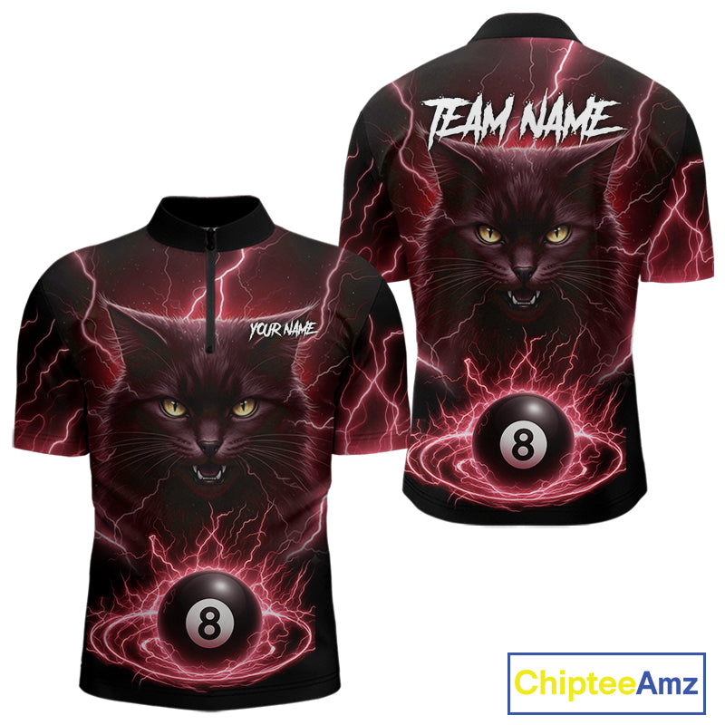 Red 8 Ball Thunder Lightning Cat Billiard Shirt For Men Custom Pool Team Jersey Polo & 1/4 Zip TDM5067