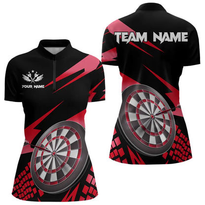 Red Black Custom Dart Shirts For Women, Personalized 3D Darts Board Dart Jerseys Polo & 1/4 Zip TDM3287