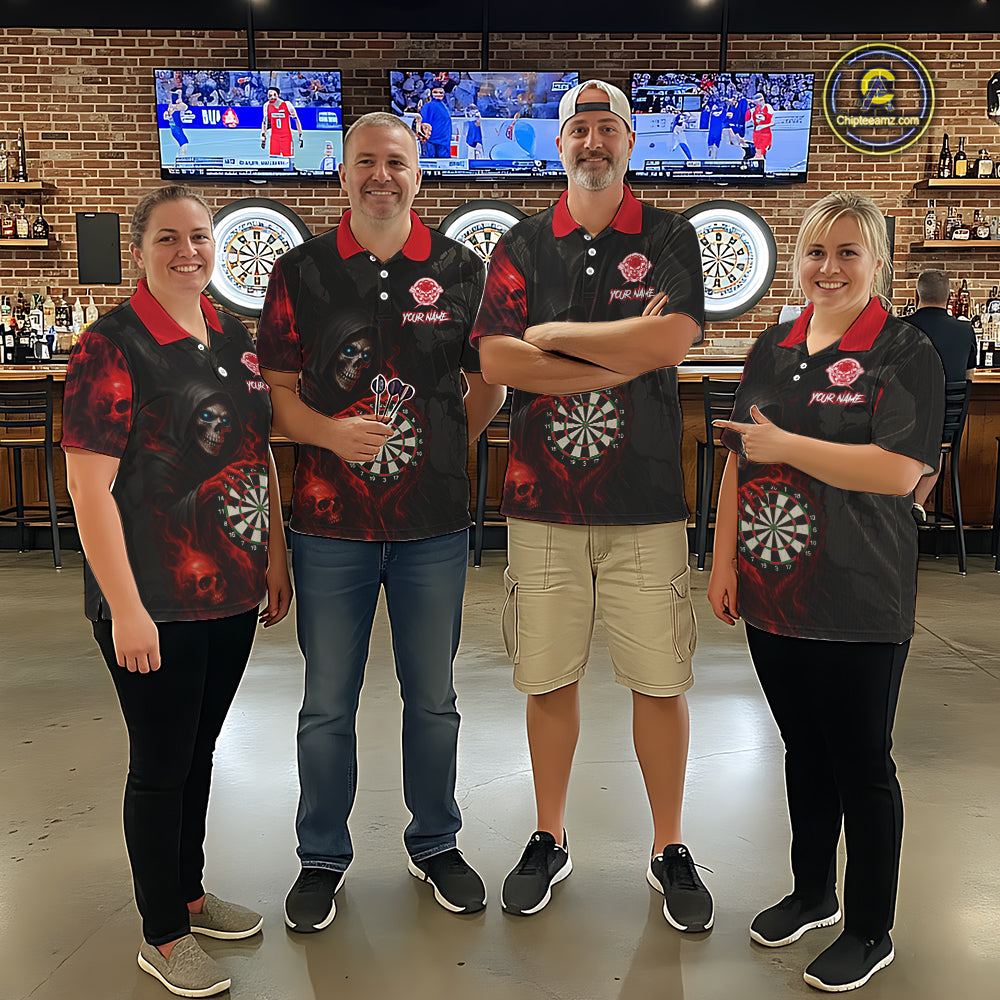 Red Grim Reaper Flame Darts Shirt For Women Custom Skull Darts Jersey Team Polo & Quarter Zip TDM5529
