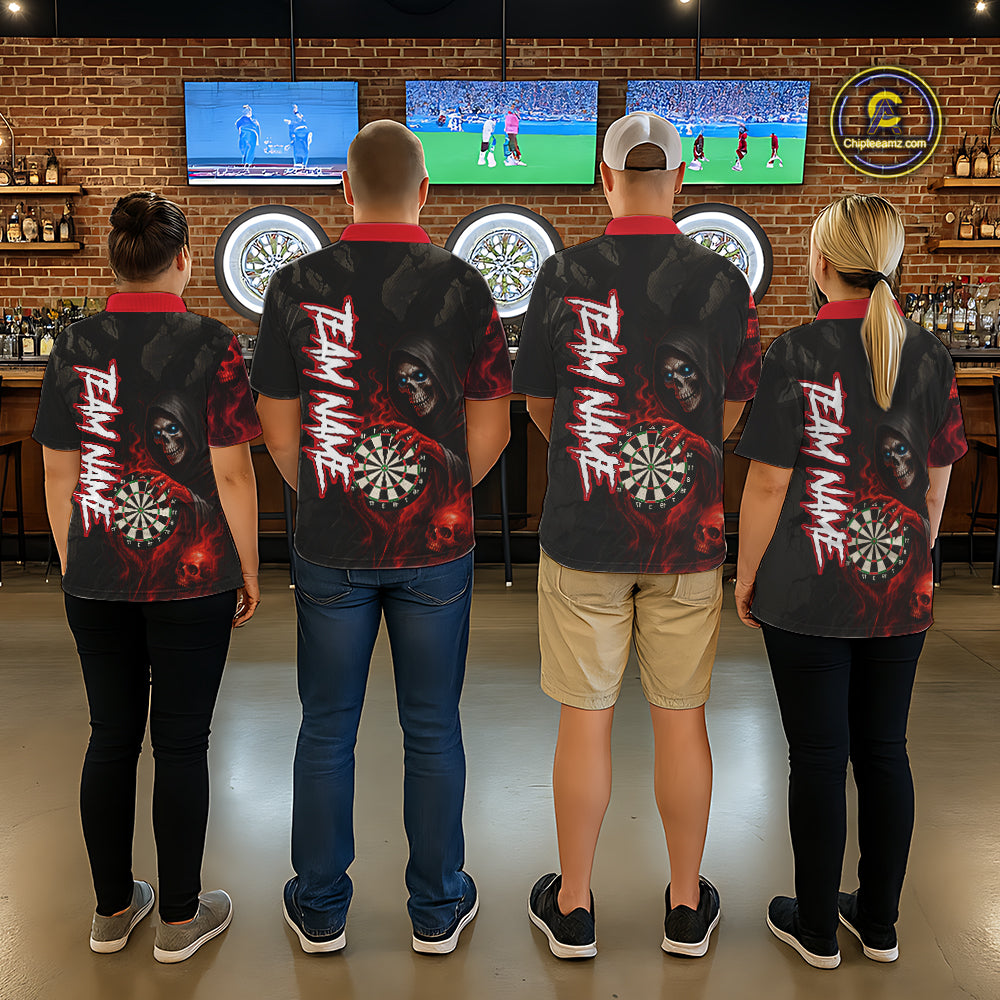 Red Grim Reaper Flame Darts Shirt For Women Custom Skull Darts Jersey Team Polo & Quarter Zip TDM5529