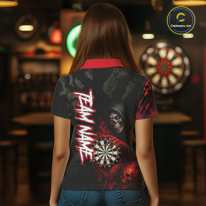 Red Grim Reaper Flame Darts Shirt For Women Custom Skull Darts Jersey Team Polo & Quarter Zip TDM5529