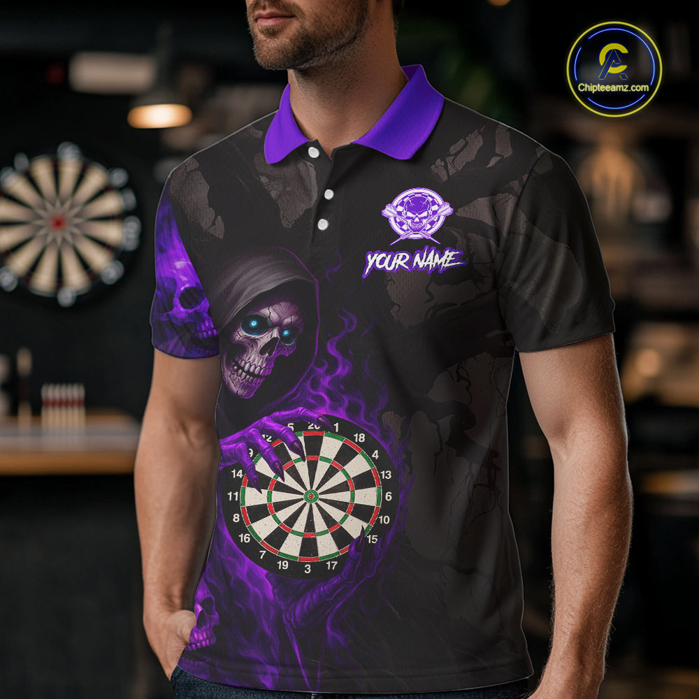 Purple Grim Reaper Flame Darts Shirt For Men Custom Skull Darts Jersey Team Polo & Quarter Zip TDM5530