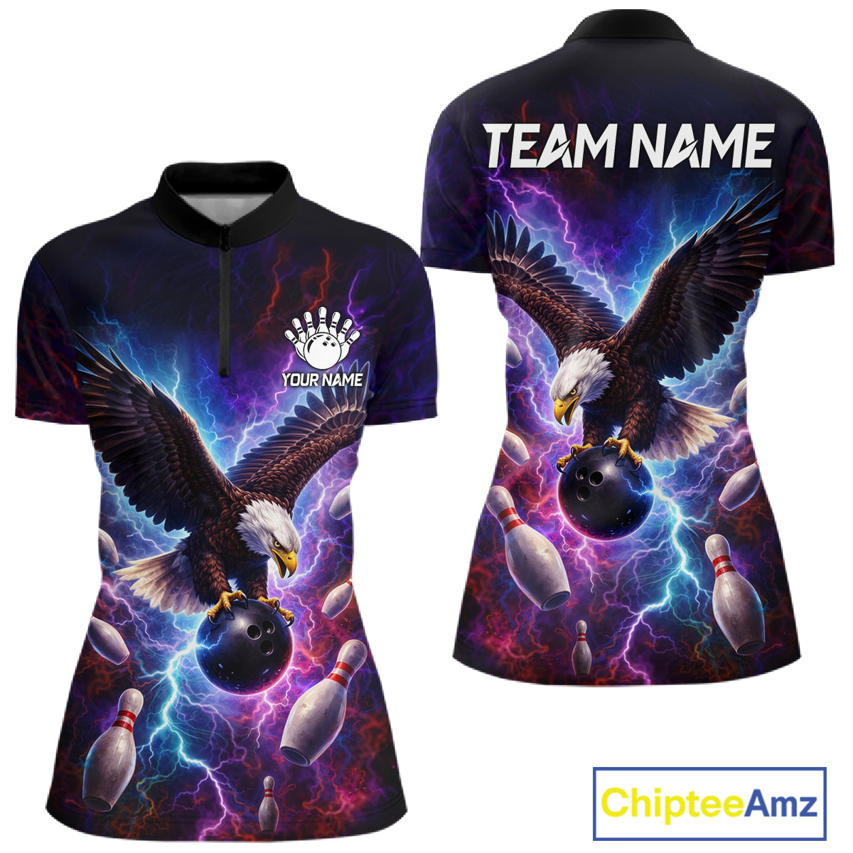Custom Colorful Thunder Lightning Eagle Bowling Shirt For Women, Bowling Team Jersey Polo & 1/4 Zip TDM6158