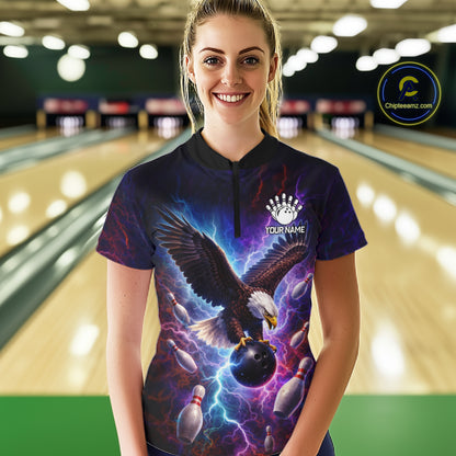Custom Colorful Thunder Lightning Eagle Bowling Shirt For Women, Bowling Team Jersey Polo & 1/4 Zip TDM6158