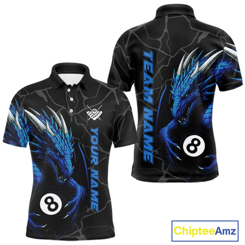 Custom Men's Dragon Billiard Shirt – Black And Blue 8 Ball Pool Team Jersey Polo & Quarter Zip TDM4064