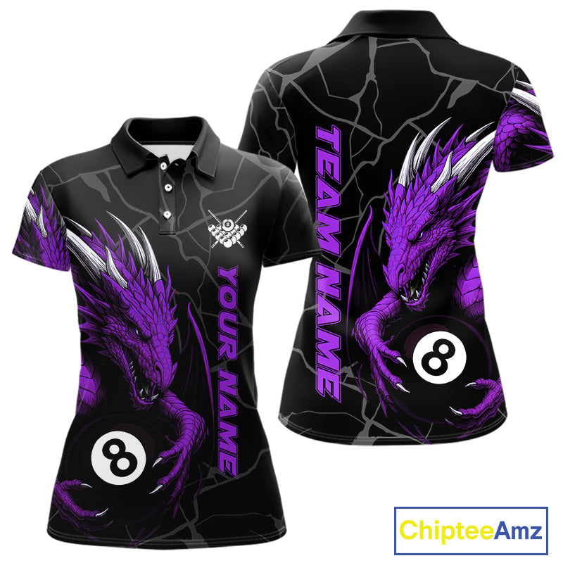 Custom Women's Dragon Billiard Shirt – Black And Purple 8 Ball Pool Team Jersey Polo & Quarter Zip TDM4065