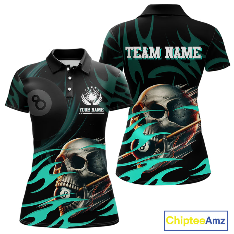Turquoise Funny Skull 8 Ball Pool Shirt For Women Custom Billiard Team Jersey Polo & 1/4 Zip TDM4424