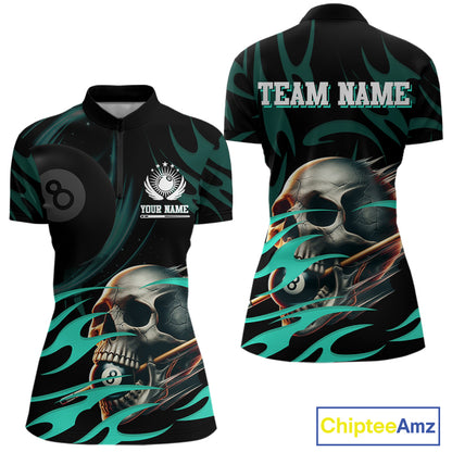 Turquoise Funny Skull 8 Ball Pool Shirt For Women Custom Billiard Team Jersey Polo & 1/4 Zip TDM4424