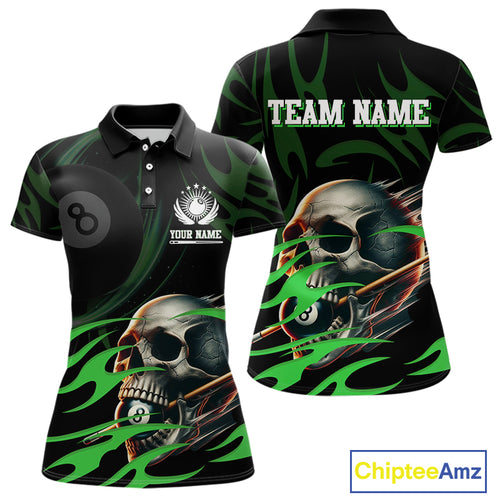 Green Funny Skull 8 Ball Pool Shirt For Women Custom Billiard Team Jersey Polo & 1/4 Zip TDM4425