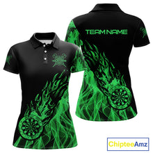 Load image into Gallery viewer, Black And Green Flame Fire Darts Polo &amp; Quarter Zip Custom Dart Shirt For Women Dart Jerseys TDM4857