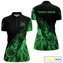 Load image into Gallery viewer, Black And Green Flame Fire Darts Polo &amp; Quarter Zip Custom Dart Shirt For Women Dart Jerseys TDM4857