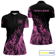 Load image into Gallery viewer, Black And Pink Flame Fire Darts Polo &amp; Quarter Zip Custom Dart Shirt For Women Dart Jerseys TDM4858