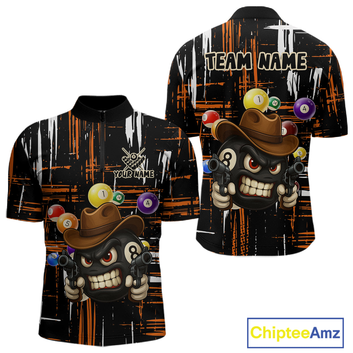 Personalized Orange Grunge Funny 8 Ball Billiard Shirt For Men, Pool Team Jersey Polo & 1/4 Zip TDM5285