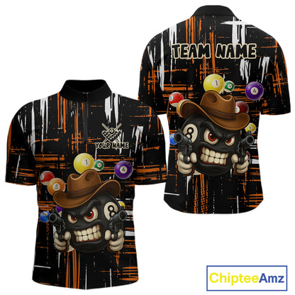 Personalized Orange Grunge Funny 8 Ball Billiard Shirt For Men, Pool Team Jersey Polo & 1/4 Zip TDM5285