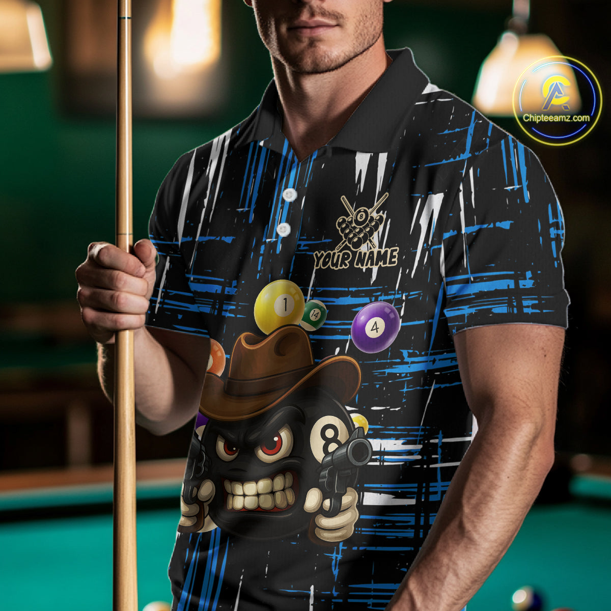 Personalized Blue Grunge Funny 8 Ball Billiard Shirt For Men, Pool Team Jersey Polo & 1/4 Zip TDM5286