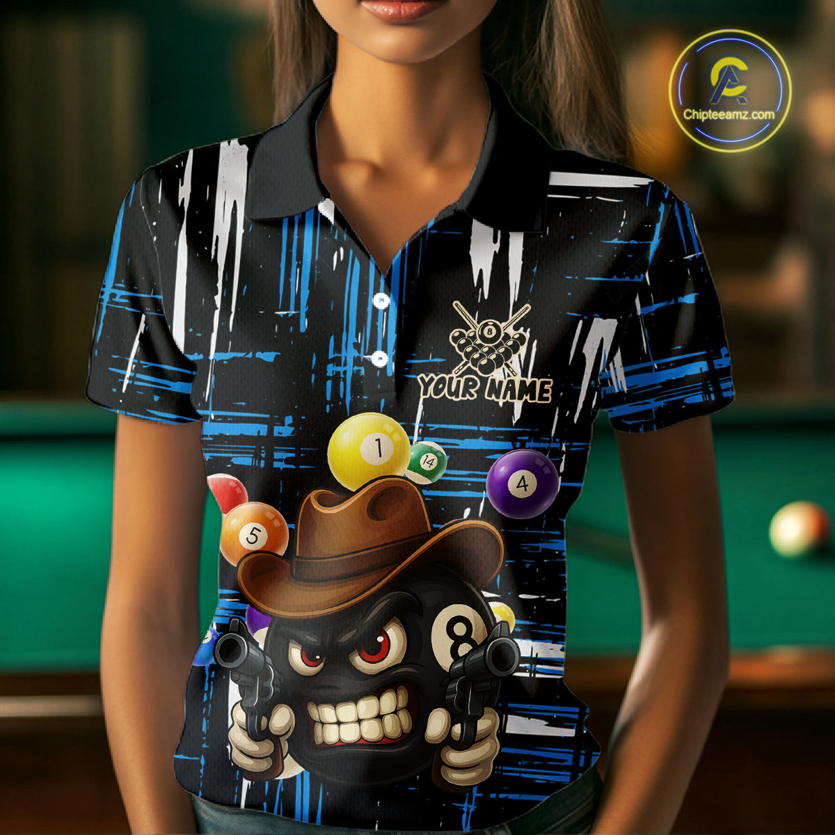 Personalized Blue Grunge Funny 8 Ball Billiard Shirt For Women, Pool Team Jersey Polo & 1/4 Zip TDM5286