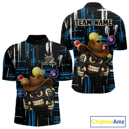 Personalized Blue Grunge Funny 8 Ball Billiard Shirt For Men, Pool Team Jersey Polo & 1/4 Zip TDM5286