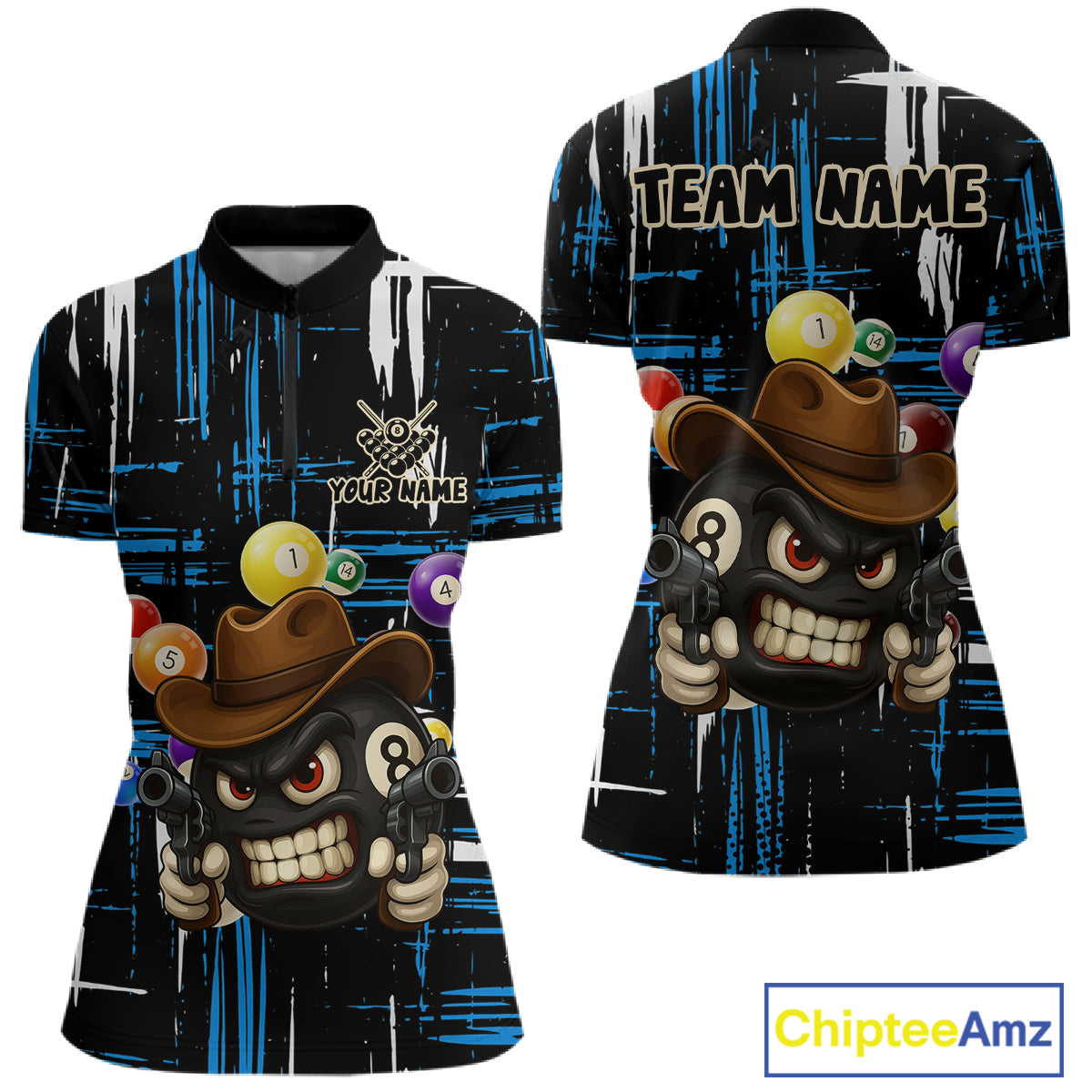 Personalized Blue Grunge Funny 8 Ball Billiard Shirt For Women, Pool Team Jersey Polo & 1/4 Zip TDM5286