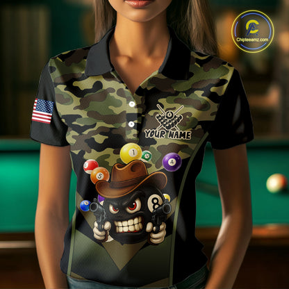 Personalized Green Camo Funny 8 Ball Billiard Shirt For Women Custom Pool Team Jersey Polo & 1/4 Zip TDM5287