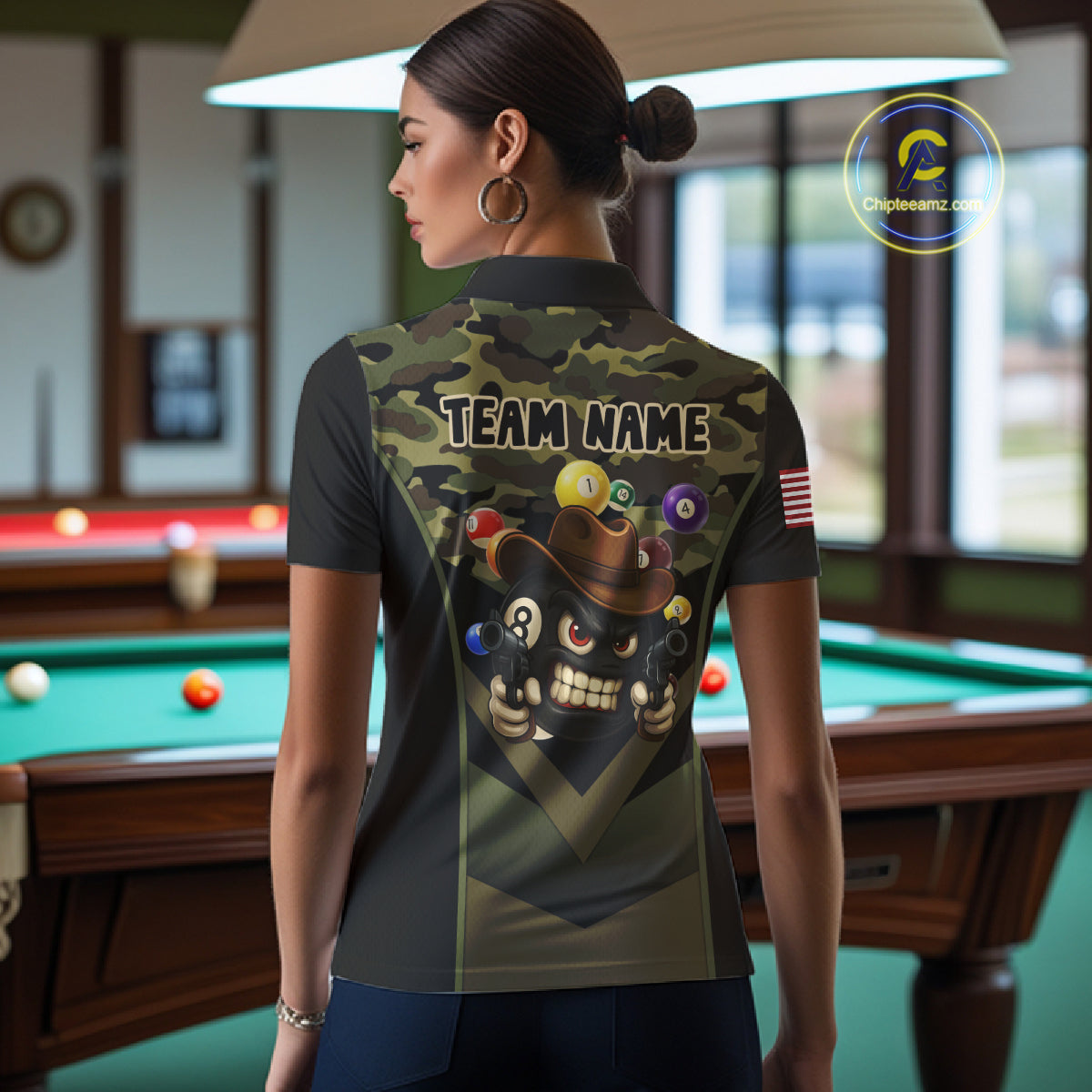 Personalized Green Camo Funny 8 Ball Billiard Shirt For Women Custom Pool Team Jersey Polo & 1/4 Zip TDM5287