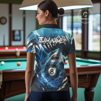 Blue Shark 8 Ball Billiard Shirt For Women Custom Billiard Jersey, Pool Team Shirt Polo & 1/4 Zip TDM5290