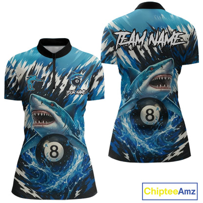 Blue Shark 8 Ball Billiard Shirt For Women Custom Billiard Jersey, Pool Team Shirt Polo & 1/4 Zip TDM5290
