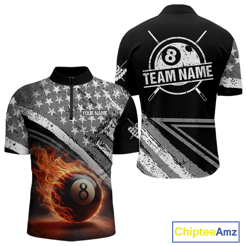 Personalized US Flag 8 Ball Pool Fire Billiard Shirt For Men Custom Grunge Billiard Team Jersey TDM5544