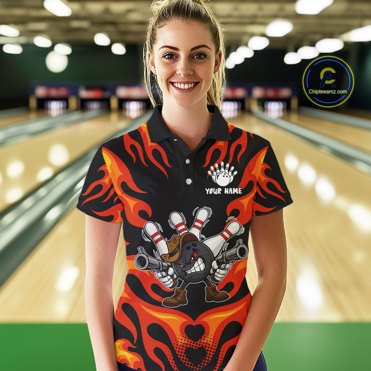 Personalized Orange Funny Flame Bowling Shirt For Women, Fire Bowling Team Jersey Polo & 1/4 Zip TDM6163