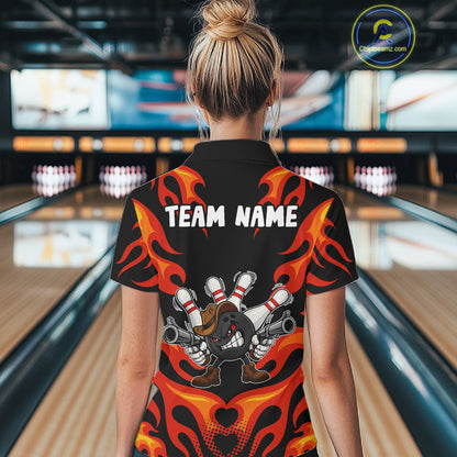 Personalized Orange Funny Flame Bowling Shirt For Women, Fire Bowling Team Jersey Polo & 1/4 Zip TDM6163