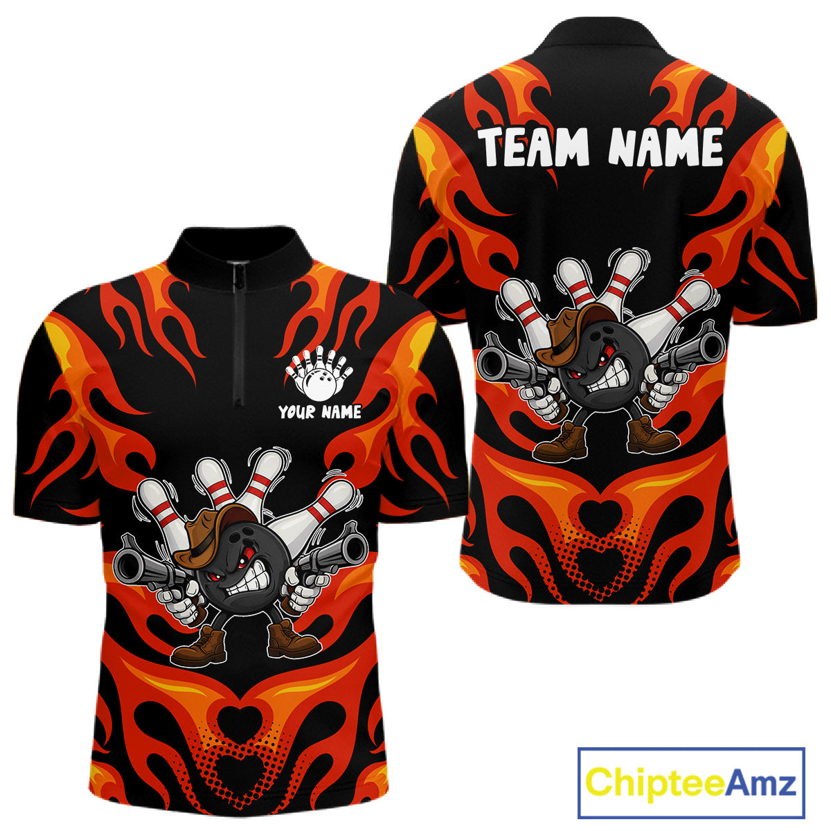 Personalized Orange Funny Flame Bowling Shirt For Men, Fire Bowling Team Jersey Polo & 1/4 Zip TDM6163