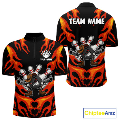 Personalized Orange Funny Flame Bowling Shirt For Men, Fire Bowling Team Jersey Polo & 1/4 Zip TDM6163